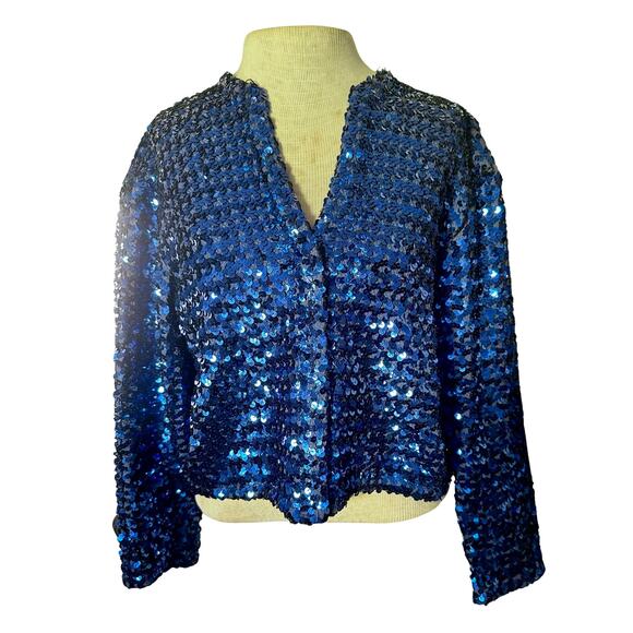 Blue Sequin Vintage Cardigan Style Blouse Size Medium - Picture 1 of 8